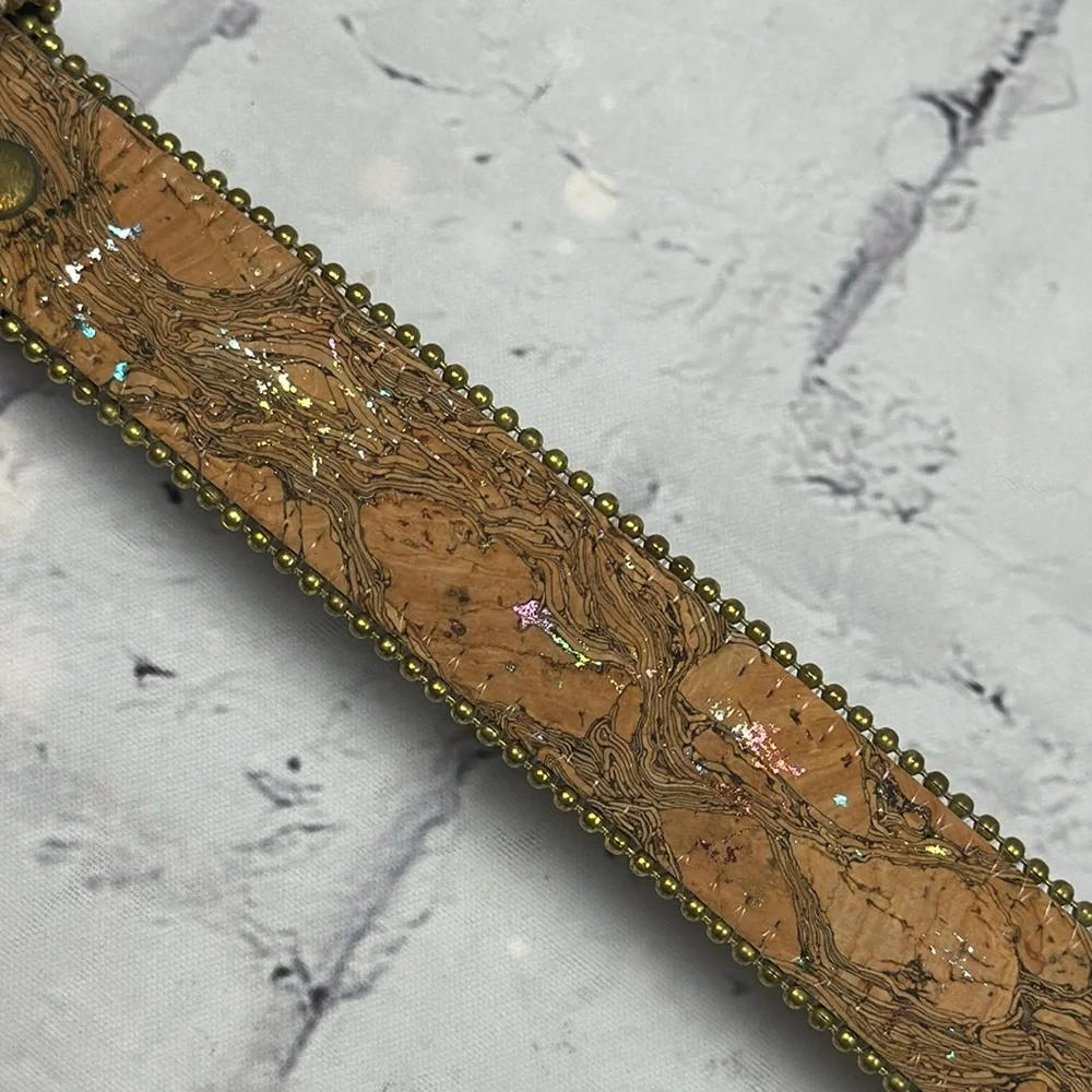Absolutely Fresh Vintage Bonded Leather Belt Cork Print Metallic Flecks Beaded